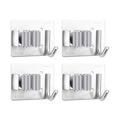 POPRUN Colgador de Escobas y Fregonas Pared 4 Piezas - Soporte Adhesivos Acero Inoxidable Organizador para Hogar, Cocina, Garajes, 1 Posiciones y 1 Ganchos，Gris