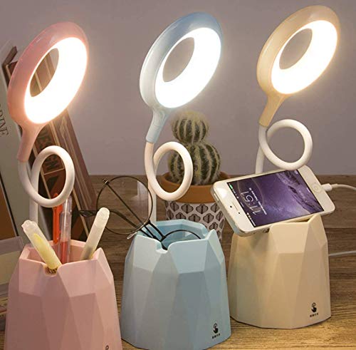 Portalápices lámpara de escritorio LED protección de los ojos lámpara de mesa pequeña lámpara de mesa infantil luz de lectura USB recargable con soporte para bolígrafo (Rosa)