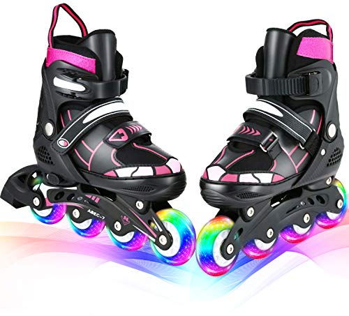 Profun Patines en Línea Tamaño Ajustable Ilumina LED Ruedas para Niño y Niña, Rodamiento de ABEC-7, Flash Ruedas, Patines de 4 Ruedas para Infantiles, Adolescentes, Adultos(Rosa, Grande-(39-42-EU))