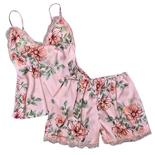 Proumy Pijama Rosa Floral Mujer Verano Bata Sexy de Talla Grande Conjunto de Ropa de Dormir Cuello V Transparente Camisola Larga con Calzoncillos Cortos Traje de Noche Vestido de Cama Dos Piezas