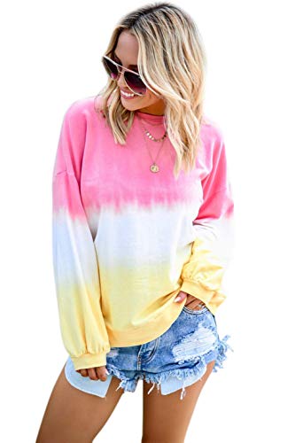 Pullover-Mujer Cuello-Redondo Manga-Larga Tie-Dye Sudaderas-Casuales Loose-Tops Rosado M