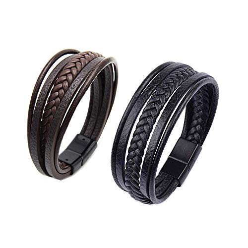 Pulsera Hombre,Pulsera de Cuero de Múltiples Capas Tejidas a Mano,Acero Pulsera Trenzada con Cierre Magnética Inoxidable,Gran Idea de Regalo para Novio,Padre,Marido (2 Piezas,Negro,Marrón)