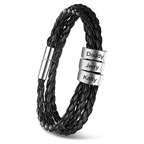 Rcinodhilary Pulseras Personalizadas de Trenza Negra para Hombres con 2-5 Nombres Pequeñas Cuentas Personalizadas Pulseras de Cuero Familiares con Encanto