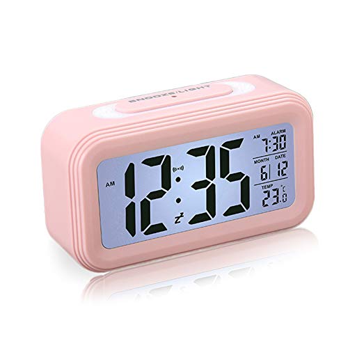 Reloj Despertador LCD Digital, Multi-Funciones Alarma Inteligente Muestra Hora, Temperatura, Fecha Silencioso como Regalo Creativo para los Viejos Niños Dormitorio Oficina (Rosa)