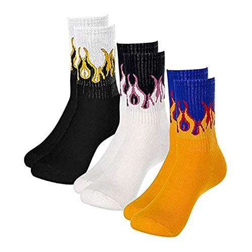 Richaa 3 Pares Calcetines de Tubo Medio de Llama para Hombres, Unisex Novedad Calcetines Hip Hop Harajuku Calcetines elásticos de algodón cálido para Mujeres (3 Colores)