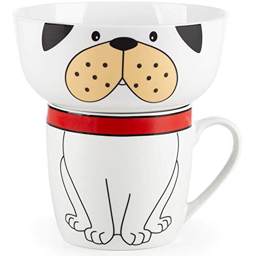 ROSMARINO Vajilla Infantil Porcelana - Juego de Tazas Desayuno para Niños con Motivos de Animales - 2 Partes: Tazón de Desayuno + Taza (Perro)