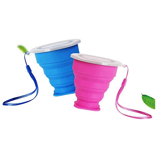 Ruesious 2 pcs Tazas de Viaje 200ml de Silicona Plegable Portátil y Reutilizable,Vaso Con Tapa sin BPA para camping senderismo y Viaje.(Azul y Rosa)