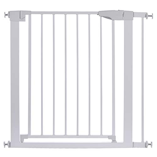 Sararoom Valla de la puerta, Easy Close Barrera de seguridad para puertas y escaleras, puerta de seguridad 83cm hasta 89cm con extensiones, barrera escalera bebé, niños y perros -Blanco