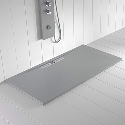 Shower Online Plato de ducha Resina WIDE - 70x120 - Textura Pizarra - Antideslizante - Todas las medidas disponibles - Incluye Rejilla Inox y Sifón - Gris RAL 7035