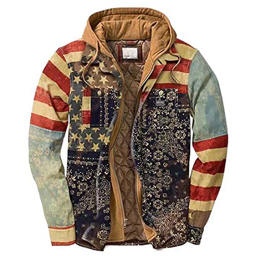 Shujin Chaqueta a cuadros para hombre, chaqueta de invierno forrada a cuadros, abrigo cálido con capucha de manga larga, forro interior térmico, camisa de leñador Bandera de Estados Unidos. XXXL