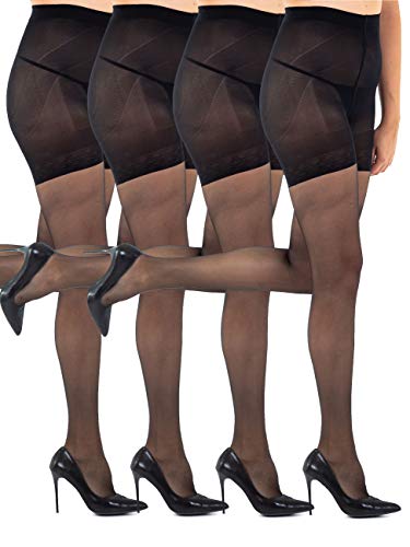 Sibinulo Pantimedias para Mujer 4 pares 20 den Medias Moldeadoras las Nalgas Cintura Alta Costura Plana,Fuelle Profundo Negro M