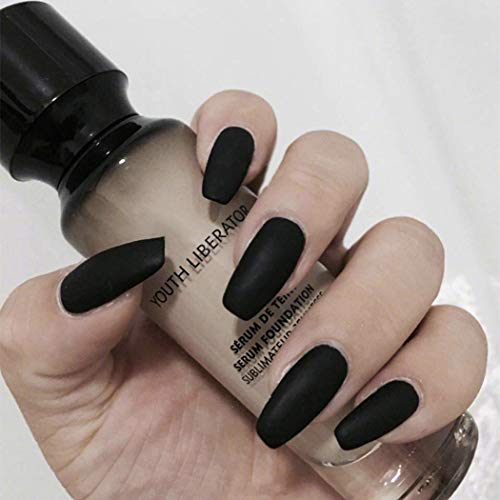 Simsly Coffin Fake Nails Tips Black Matte Long False Nails Set Full Cover Artificial Nails Press on Nails para mujeres y niñas (24 piezas)