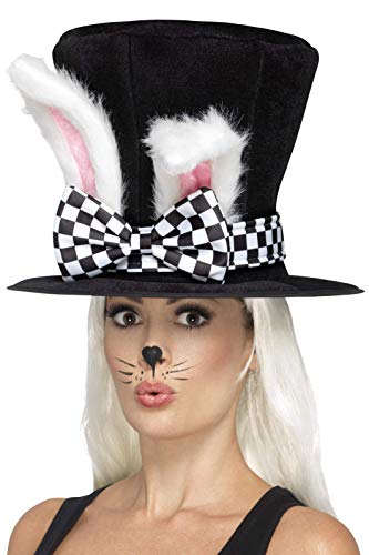 Smiffy's-45024 Sombrero de copa de liebre de marzo, con orejas de conejo pegada, color negro y blanco, Tamaño único (45024) , color/modelo surtido