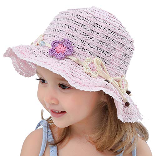 Snyemio Sombrero de Paja Niñas con Flores Verano Anti UV Solar para Viaje Playa Piscina 1-8 años (Rosa, 54cm)