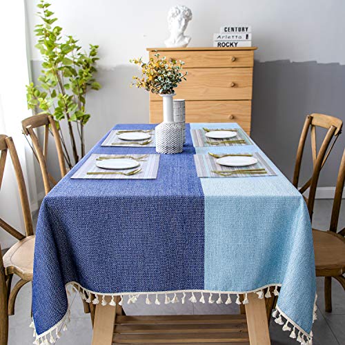 Sunbeauty Mantel Tela Antimanchas Rectangular 140x200 (+ 4pcs Mantel Individual PVC) Azul Mantel Elegante Algodon Lino con Borlas Tablecloth Linen Rectangle para Mesa de Comedor