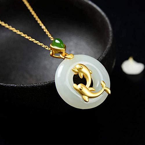 SWAOOS Plata Incrustado Natural Hetian Blanco Jade Delfín Piscis Colgante Collar Chino Estilo Retro Hueso Arroz Encanto Joyería De Las Mujeres