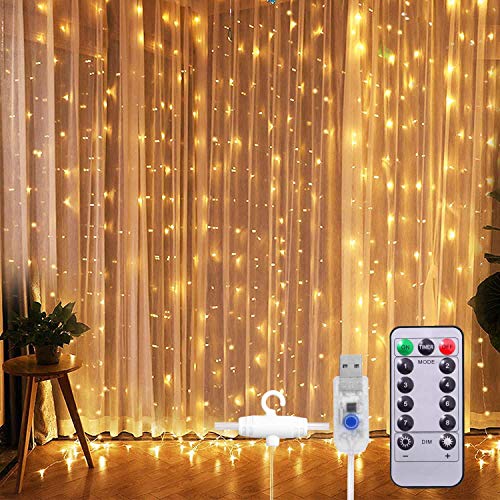 Tanouve Cortina de Luces Led, Cadena de Luces con Ganchos/8 Modos de Iluminación/luces Blancas Cálidas/Resistente al Agua/Carga USB para Decoración de Fiestas Bodas Navidad Habitación Jardín