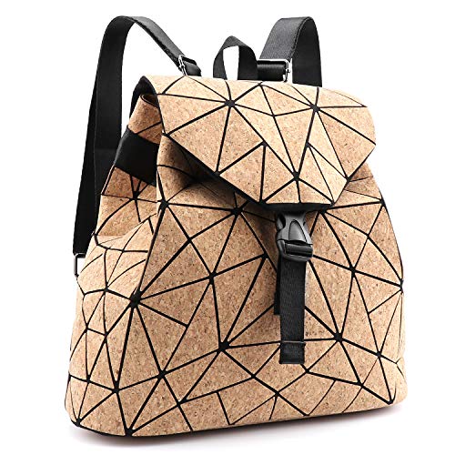 Tikea Bolsa Geométrica de Corcho Natural para Mujer, Mochila Ecológica de Moda Deportiva, Ajustable, Efecto Madera, Elegante