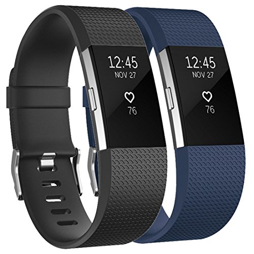 Tobfit Fitbit Charge 2 - Correa ajustable de repuesto para Fitbit Charge 2 - Tamaños: pequeño, grande, Classic 2-Pack Black+Blue