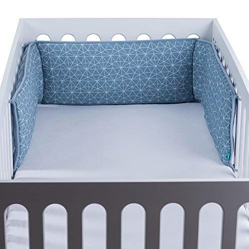 Urban Kanga Protector de Cabeza para Cuna Chichonera Cuna Bebe 100% Algodón Muselina Waffle Piquet (Azul Geo)