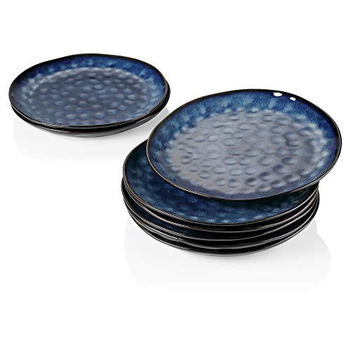 vacasso Serie Starry Plato de Cena Juego de 8 Platos Llanos 28CM Plato Grande Retro Vajilla de Gres Diseño de Bordes Irregulares Azul