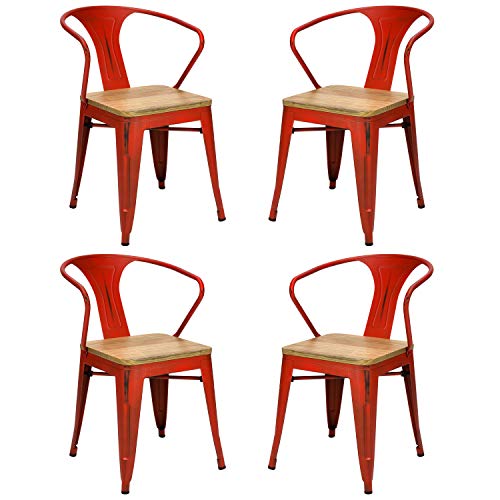 Vaukura Silla Tolix con Brazos (Pack 4) - Silla Industrial Metálica Vintage Asiento de Madera (Rojo)