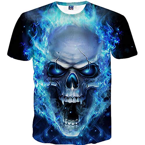 VENMO Camisetas Hombre,Camisetas Hombre Originales,Hombres Camisetas Verano Camiseta de Manga Corta de Cráneo 3D de impresión,Blusas de Mujer Elegantes,Tops Mujer (Azul, L)