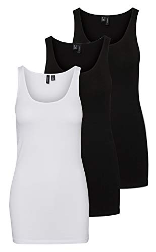 Vero Moda Camiseta de tirantes para mujer, 3 unidades 2x Black/ 1x Bright White M