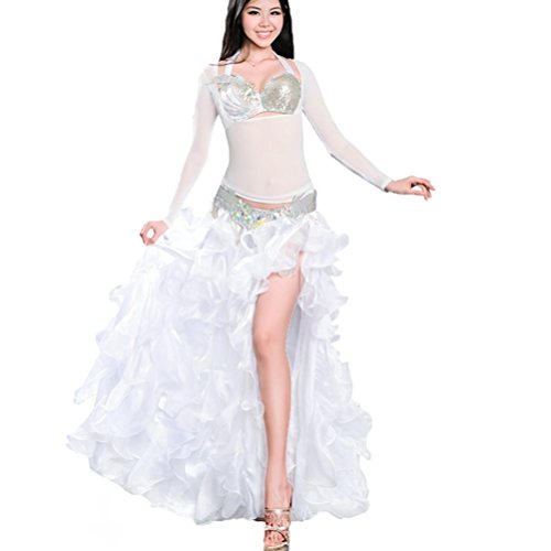 Vestido de Danza del Vientre Profesional para Mujeres Lujo Disfraz de Rendimiento Dancewear Set Multicapa Hoja de Loto Rodar Falda 4 Piezas, Blanco, XL