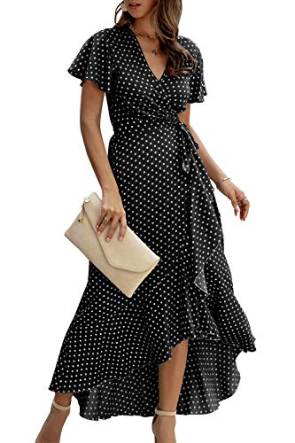 Vestido Mujer Bohemio Largo Verano Playa Fiesta Floral/Ploka Dot Manga Corta Cuello en V Talla Split Wrap Maxi Vestidos Negro XL