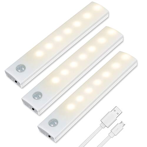 Vicloon Iluminacion Luz sin cables Portatil, 3 Pc Luz Armario con Sensor de Movimiento con Auto en/Apagado, USB Recargable LED Armario con 2 Tiras Magnéticas para Escalera, Cocina (Blanco cálido)