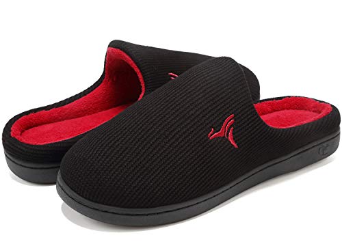 VIFUUR Hombre Zapatillas de casa Espuma de Memoria de Alta Densidad Cálido Interior Lana al Aire Libre Forro de Felpa Suela Antideslizante Zapatos Negro / Rojo1 46/47