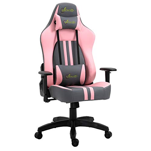 Vinsetto Silla Gaming Silla de Oficna Escritorio Ergonómico Reclinable Altura Ajustable con Almohadilla Ruedas Alta Comodidad 71x58x125-133 cm Rosa y Gris