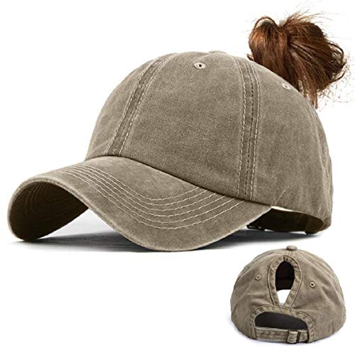 Voqeen Gorras de Beisbol para Hombre Mujeres Classic Ajustable Sombreros de béisbol de Cola de Caballo Moda Color sólido Gorra Retro Unisex Viseras molienda Borde Haga Viejo Sombrero (Caqui)