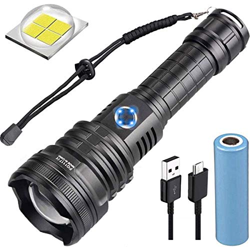 WholeFire Linterna LED XHP90 Alta Potencia 10000 Lúmenes, USB Recargable Impermeable 5 Modos de Zoom, P90 Linterna Táctica Militar con Batería y Cable USB