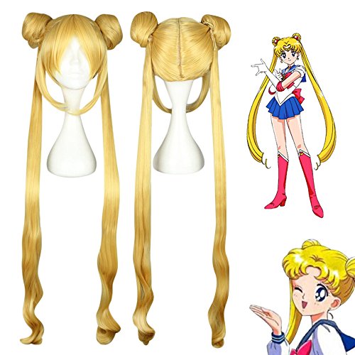 Wuke Tree Sailor Moon Anime para Cosplay Party Costume,Lolita Mujeres Peluca Larga Pelo Sintético con Peluca Cap