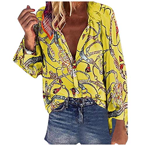 YANFANG Camisa para Mujer, con Estampada de Moda con Cuello en V, Manga Larga Informal, Manga Larga, con Botones, Talla Grande Top