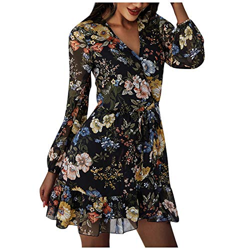 YANFANG Vestido de Moda Casual con Cuello en V y Estampado de Flores de Manga Larga para Mujer Cierre la Cintura Elegante