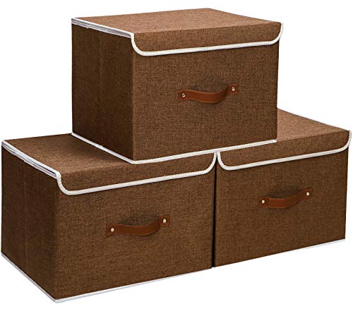 Yawinhe 3 PCS Cajas de almacenaje, Cajas de Almacenaje con Tapa, Cajas de Almacenamiento Plegables, Organizador para Juguetes, Libros, Ropa (Marrón, 45x30x30cm)