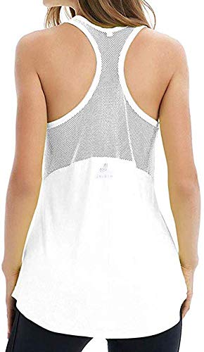 YINI - Camiseta de Tirantes de Malla con Espalda Cruzada para Yoga, para Mujer Blanco Blanco S