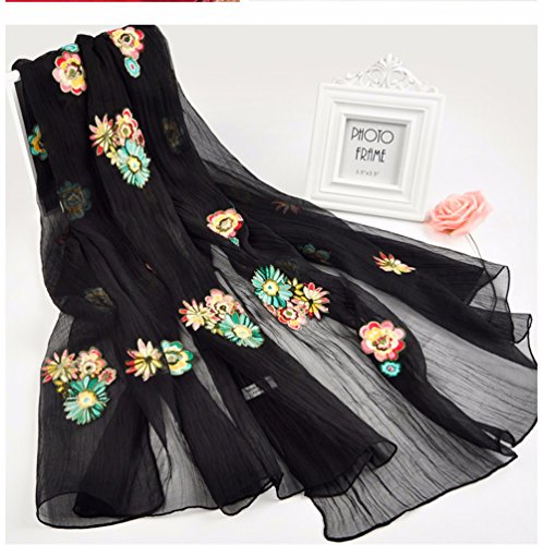 YRXDD El período de Primavera y otoño Bordado pañuelo de Seda Salvaje Hembra Chiffon Maxi Bufandas con Dos chales máscaras de Largo,Negro 185 * 90cm