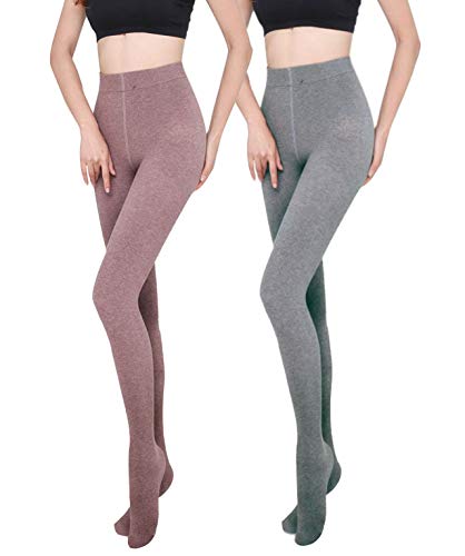 Yulaixuan para mujer 2 pares de pantalones de algodón opaco cálido Medias de sujeción gruesas Pantimedias adelgazantes Medias con pie (Café grisáceo y con leche)