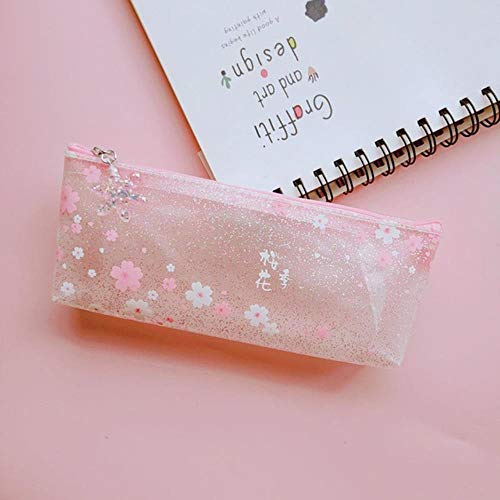 1 Uds Estuche de lápices Kawaii Flor de Sakura Estuche de almacenamiento de papelería para fregar transparente Estuche para lápices Estuche para lápices Útiles escolares Regalo para estudiantes, 3