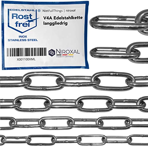 100-cm = 1-metros 4-mm cadena de acero inoxidable de espesor fabricado en V4A de eslabón largo de NietFullThings en cada unidad Cadena de anclaje DIN 5685 DIN 763 1-m A4