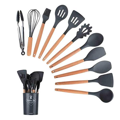 12 unids de madera silicona utensilio utensilio utensilios de cocina antiadherente para hornear utensilios cuchara sopa cuchara pala espátula tong tong herramienta (Color : Negro)