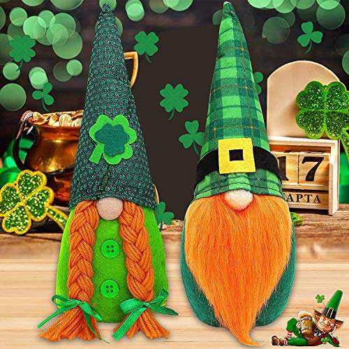 2 figuras de elfos verdes hechas a mano, juguete de peluche para decoración del día de San Patricio y Pascua.
