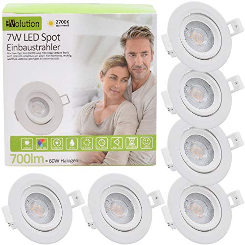 6x Evolution Foco empotrable LED 7W 700lm Proyector IP44 230V 40.5mm Baño y sala de estar abatibles 2700k Focos de techo