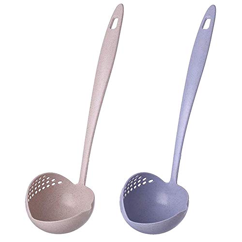 afdg Colador de Cuchara de Sopa de Mango Largo, 2 Piezas Cuchara de Sopa de Paja de Trigo, Colador de Filtro de Cuchara de Sopa para Olla Caliente, Gachas y Sopa, Cocina (Beige y Azul)