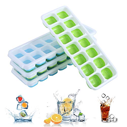 Aiooy Bandejas Hielo de 4 Packs,Bandeja de Hielo, Fácil Liberación Cubitera Hielo con Tapa, BPA Free Moldes y Bandejas para Hielo Flexible, Whisky, Cócteles y Bebidas Refrigeradas