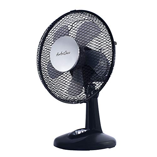 AirArtDeco Ventilador de Mesa de 23 cm, oscilación de 80 Grados, Ventilador de Pie Potente de 2 Velocidades, Extra silenciosa, ideale per casa e ufficio - Negro/Plata